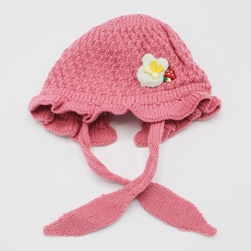 Imported Baby Girl Knitted Hat Cute Bunny Flower Princess Lace Earmuffs Cap Warm Ear Protection for 0-24 Months