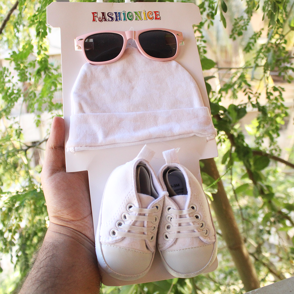 Imported 3 Pcs Baby Glasses Cap & Shoes Set for 0-9 Months