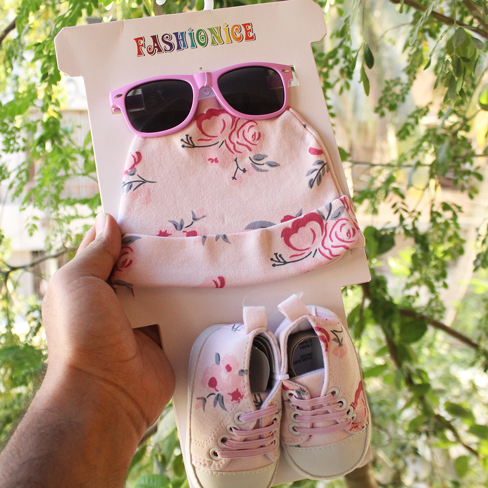 Imported 3 Pcs Baby Glasses Cap & Shoes Set for 0-9 Months