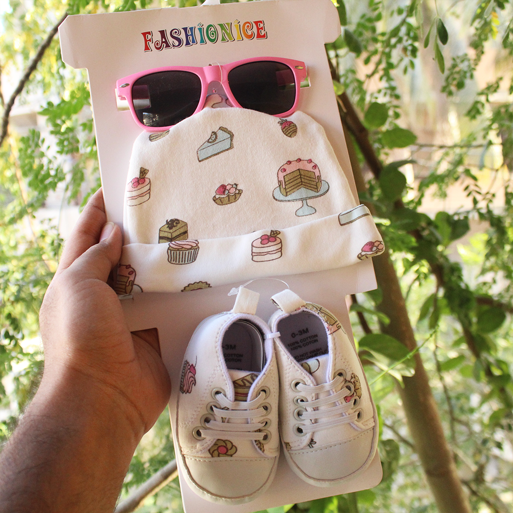 Imported 3 Pcs Baby Glasses Cap & Shoes Set for 0-9 Months