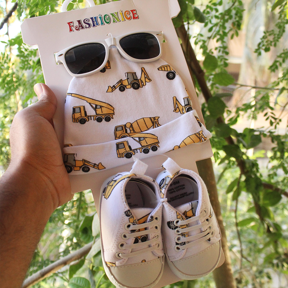 Imported 3 Pcs Baby Glasses Cap & Shoes Set for 0-9 Months