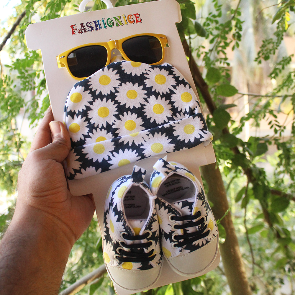 Imported 3 Pcs Baby Glasses Cap & Shoes Set for 0-9 Months