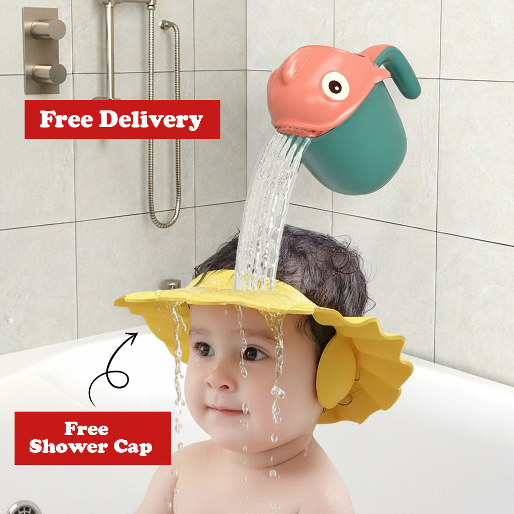 Cute Cartoon Baby Shower Mug | Children's Shampoo & Bathing Cup with Free Shower Bath Cap