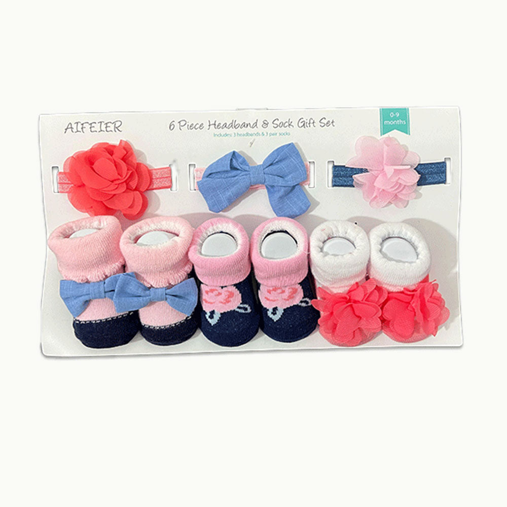 Imported Baby Girl 6 Piece Headband and Socks Booties Gift Set for 0-9 Months