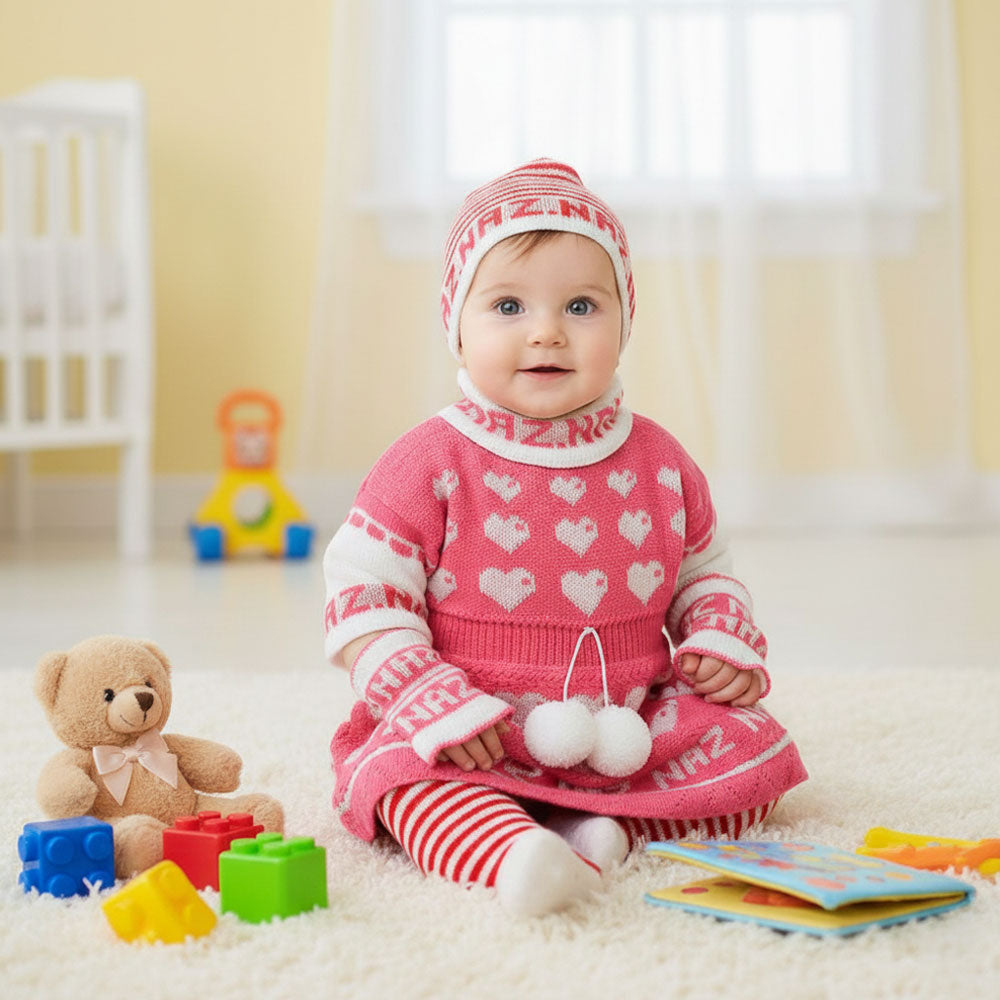 Baby Girl Winter Hearts Woolen Knitted Baby 4 Pcs Sweater Suit With Cap for 0-6 Months