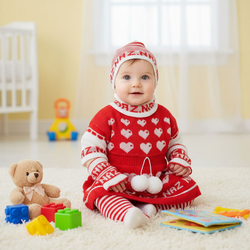 Baby Girl Winter Hearts Woolen Knitted Baby 4 Pcs Sweater Suit With Cap for 0-6 Months