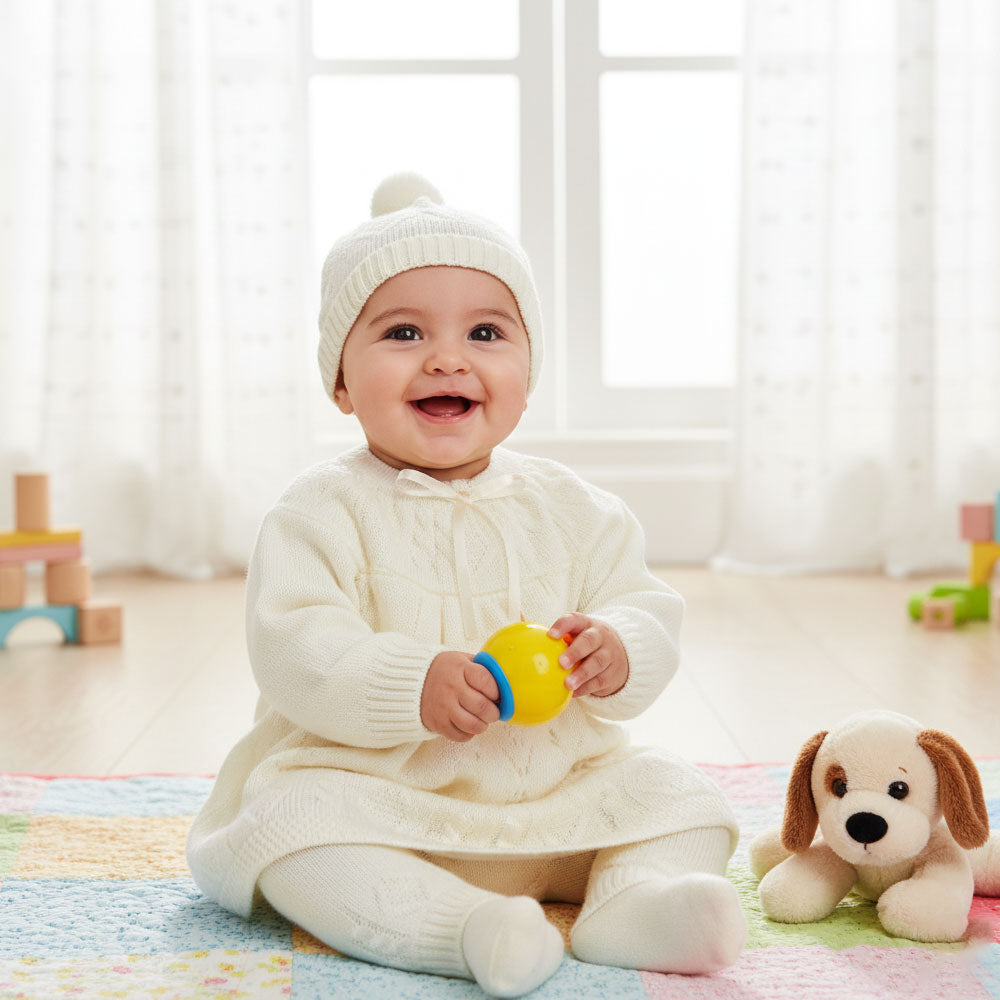 Imported Newborn Baby Girl Winter Woolen Knitted Baby Frock Style Sweater Suit With Cap for 0-9 Months