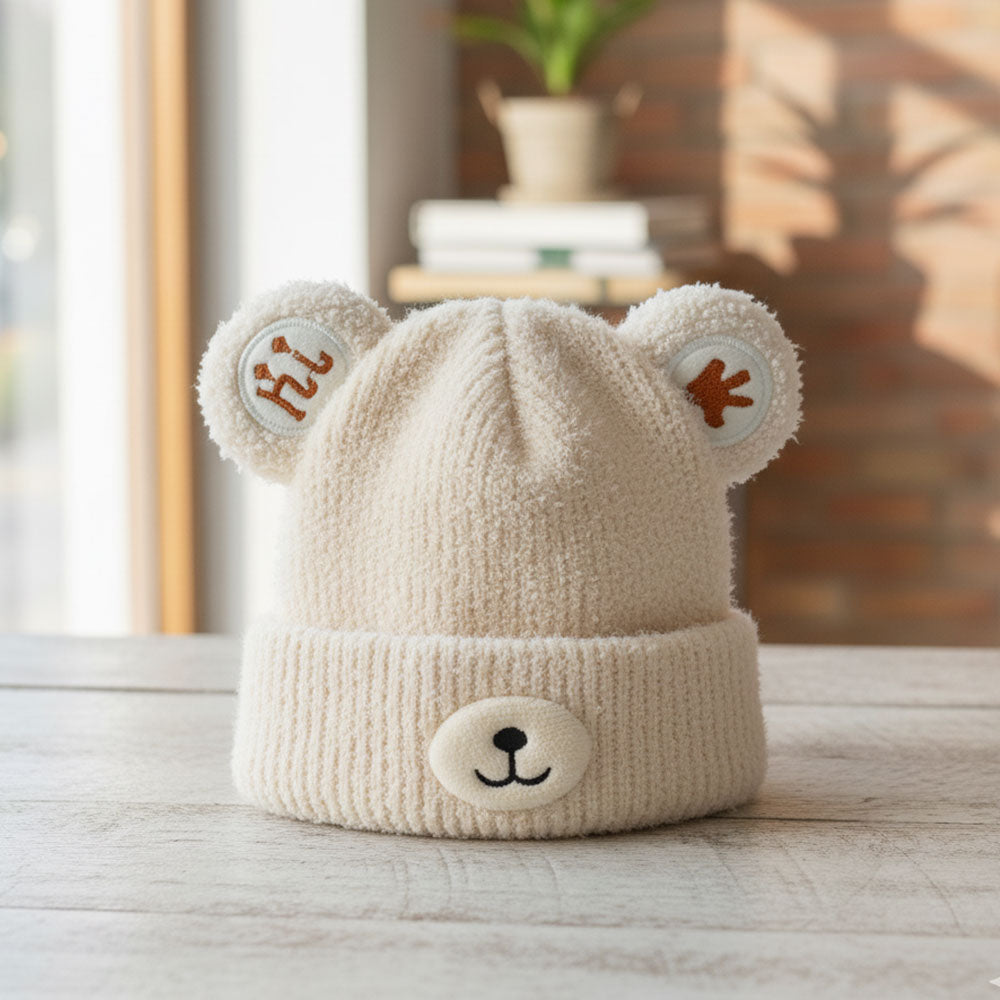Imported Baby 3D Bear Winter Cap | Soft Rabbit Wool Hat for 0–3 Years
