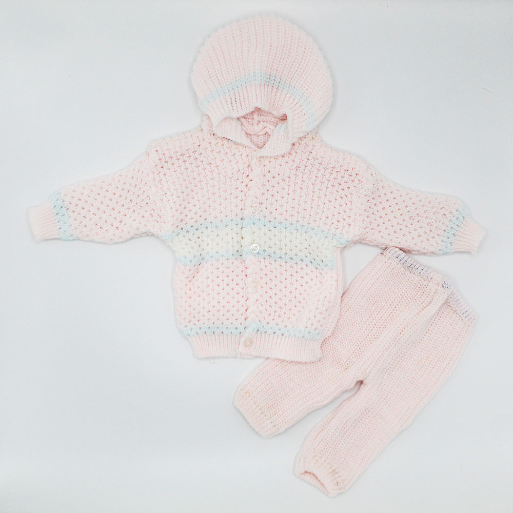 Newborn Baby Winter Hooded Knitted Front Open Button Dress with Cap for 0-3 Months