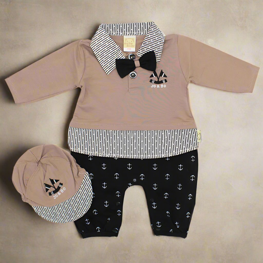 Baby Gentleman Anchor Victory Full Sleeve Romper with Cap Formal Fashion for 0-12 months