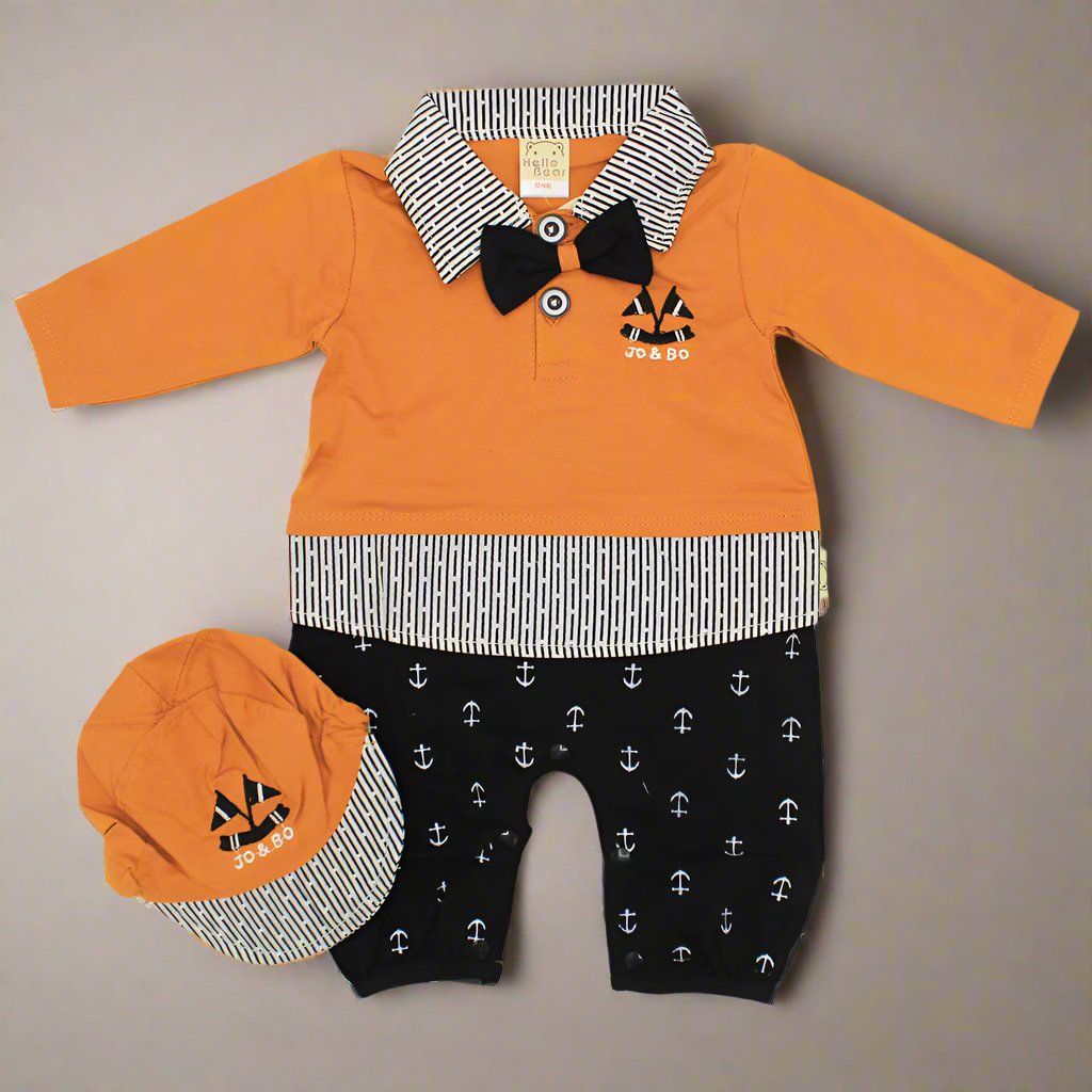 Baby Gentleman Anchor Victory Full Sleeve Romper with Cap Formal Fashion for 0-12 months