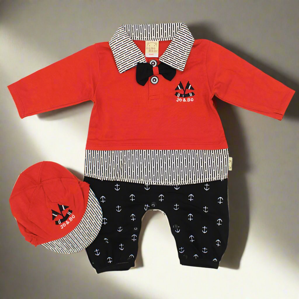 Baby Gentleman Anchor Victory Full Sleeve Romper with Cap Formal Fashion for 0-12 months