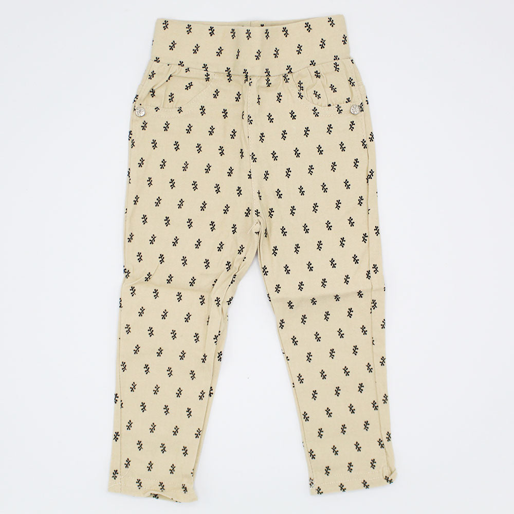 Imported Baby Girl Leafy Printed Beige Cotton Pants for 9 Months - 3 Years