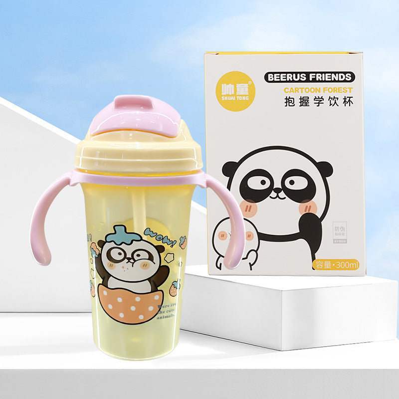 Imported 300ml Kids Cartoon Sippy Cup Bottle with Leak-Proof Straw & Anti-Choking Duckbill Handle