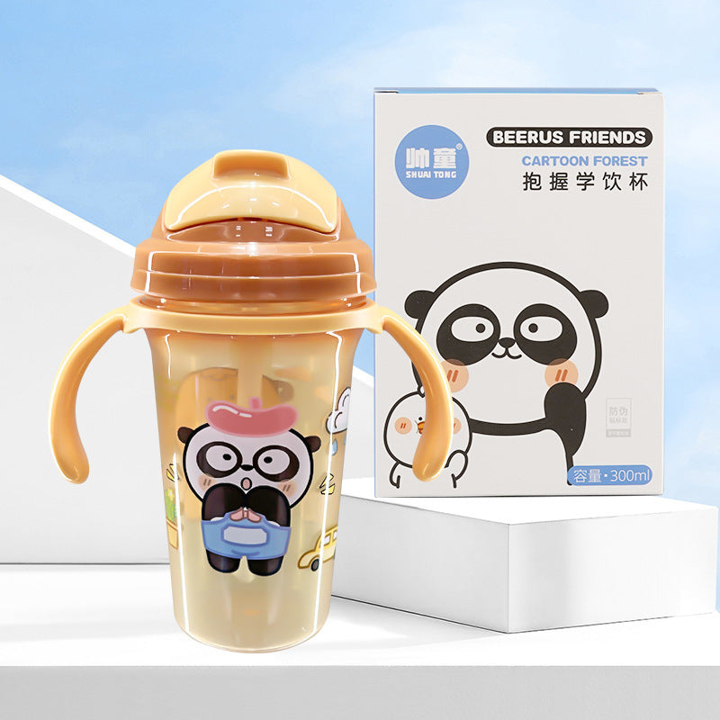 Imported 300ml Kids Cartoon Sippy Cup Bottle with Leak-Proof Straw & Anti-Choking Duckbill Handle