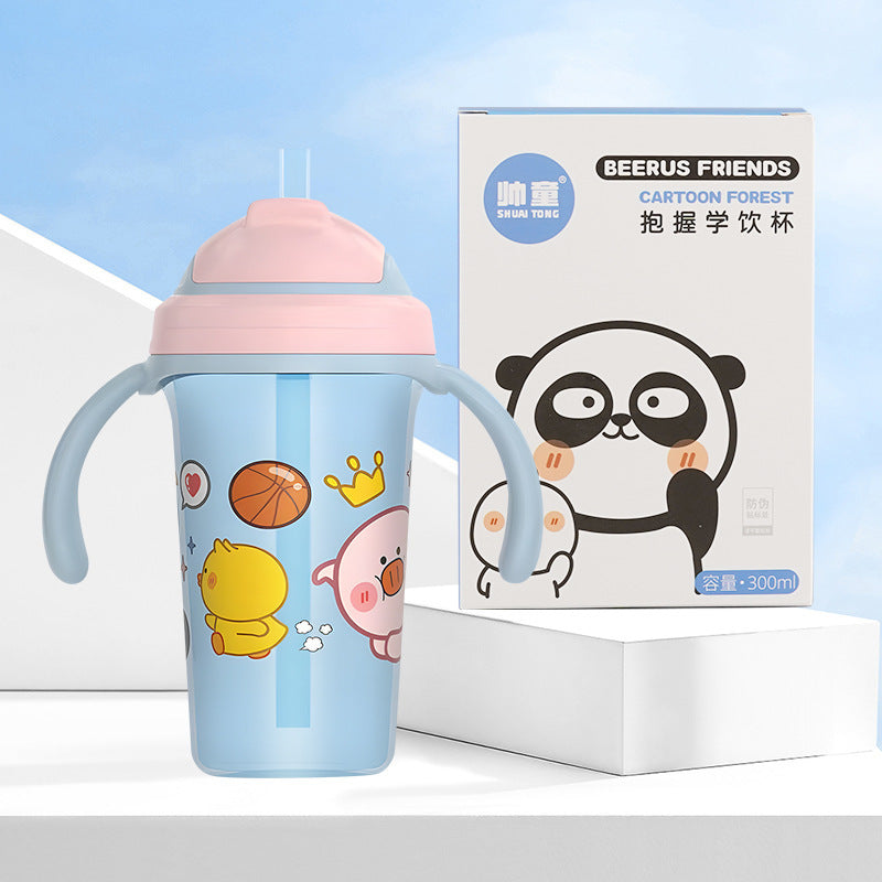 Imported 300ml Kids Cartoon Sippy Cup Bottle with Leak-Proof Straw & Anti-Choking Duckbill Handle