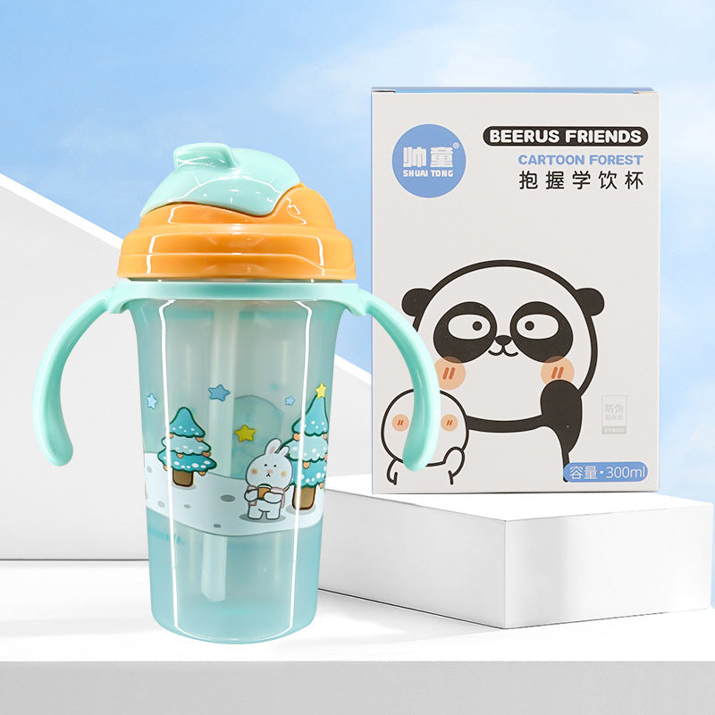 Imported 300ml Kids Cartoon Sippy Cup Bottle with Leak-Proof Straw & Anti-Choking Duckbill Handle