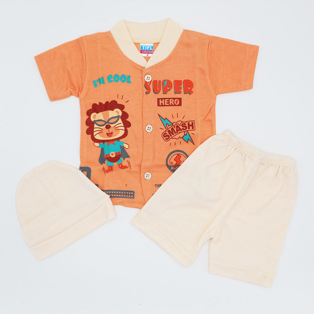Newborn Baby Cool Lion Half Sleeves Dress with Shorts and Cap for 0-3 Months