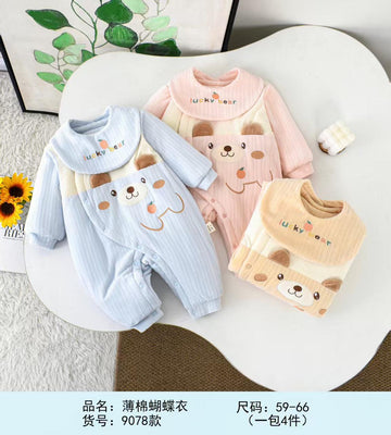 Imported Baby 3D Cute Bear Winter Romper with Bib | Soft Polyester Filled Warm Suit (0–6 Months)