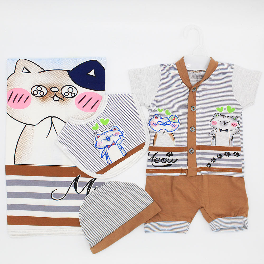 Newborn Baby Cute 3D Meow Embroidered Cat 5 Pcs Summer Cotton Stuff Starter Set with Wrapping Sheet for 0-3 Months