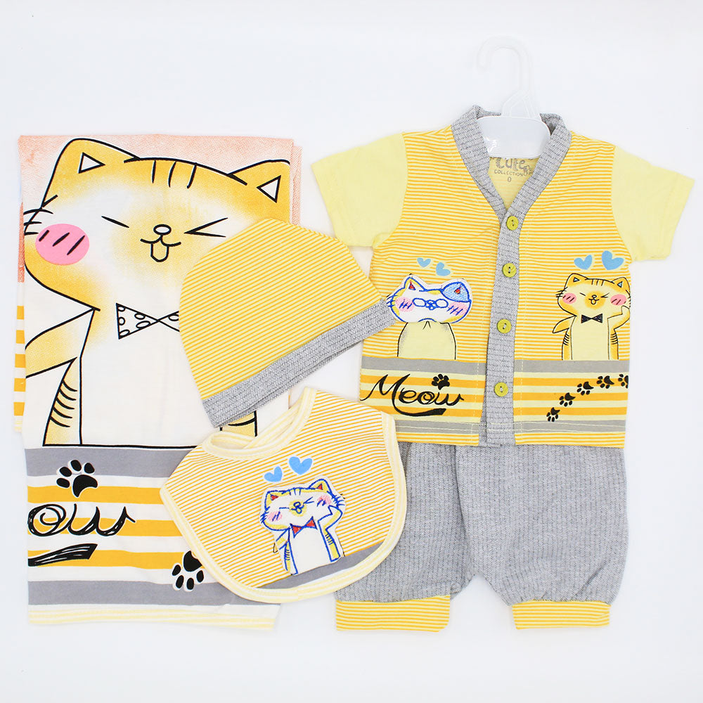 Newborn Baby Cute 3D Meow Embroidered Cat 5 Pcs Summer Cotton Stuff Starter Set with Wrapping Sheet for 0-3 Months