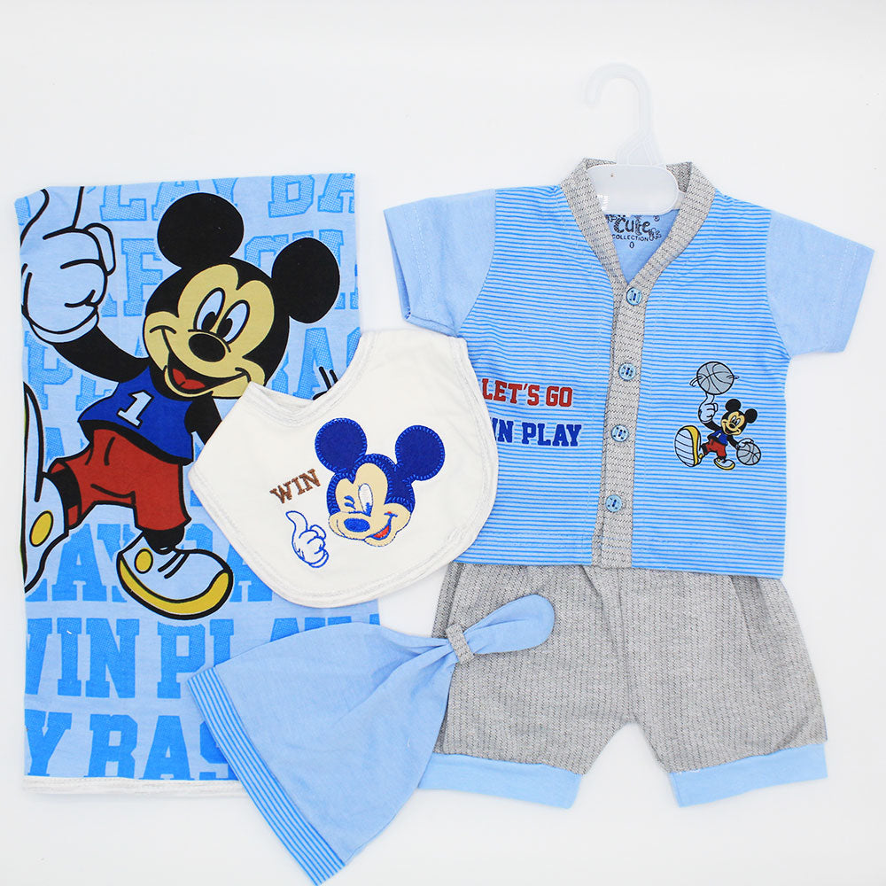 Newborn Baby Cute Mickey Mouse 5 Pcs Summer Cotton Stuff Starter Set with Wrapping Sheet for 0-3 Months