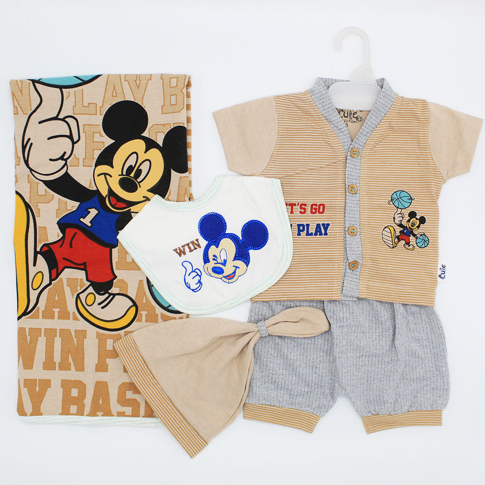 Newborn Baby Cute Mickey Mouse 5 Pcs Summer Cotton Stuff Starter Set with Wrapping Sheet for 0-3 Months