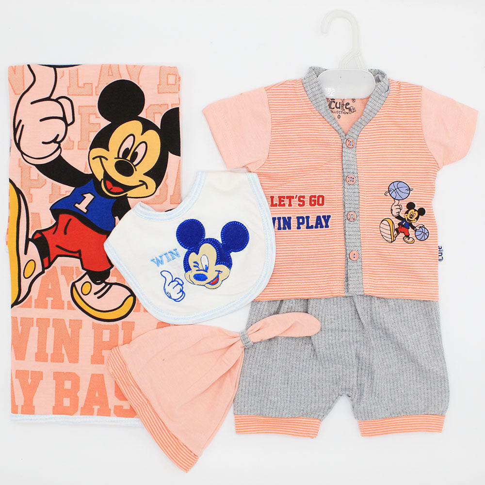 Newborn Baby Cute Mickey Mouse 5 Pcs Summer Cotton Stuff Starter Set with Wrapping Sheet for 0-3 Months