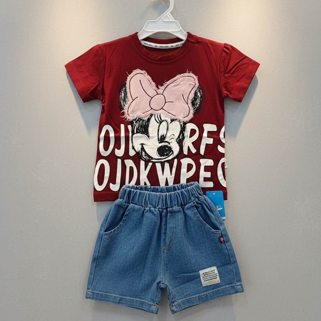Baby Girl 3D Mickey Mouse Shirt with Denim Style Shorts (6 Months–4 Years)
