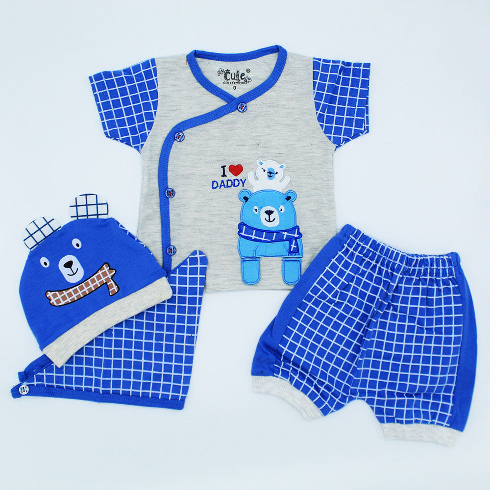 Newborn Baby Cute Bear I Love Daddy Half Sleeves 4 Pcs Dress with Shorts and Cap for 0-3 Months