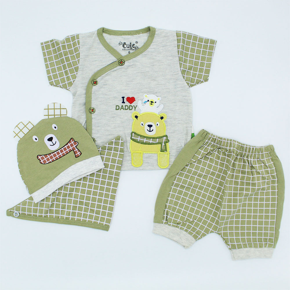 Newborn Baby Cute Bear I Love Daddy Half Sleeves 4 Pcs Dress with Shorts and Cap for 0-3 Months