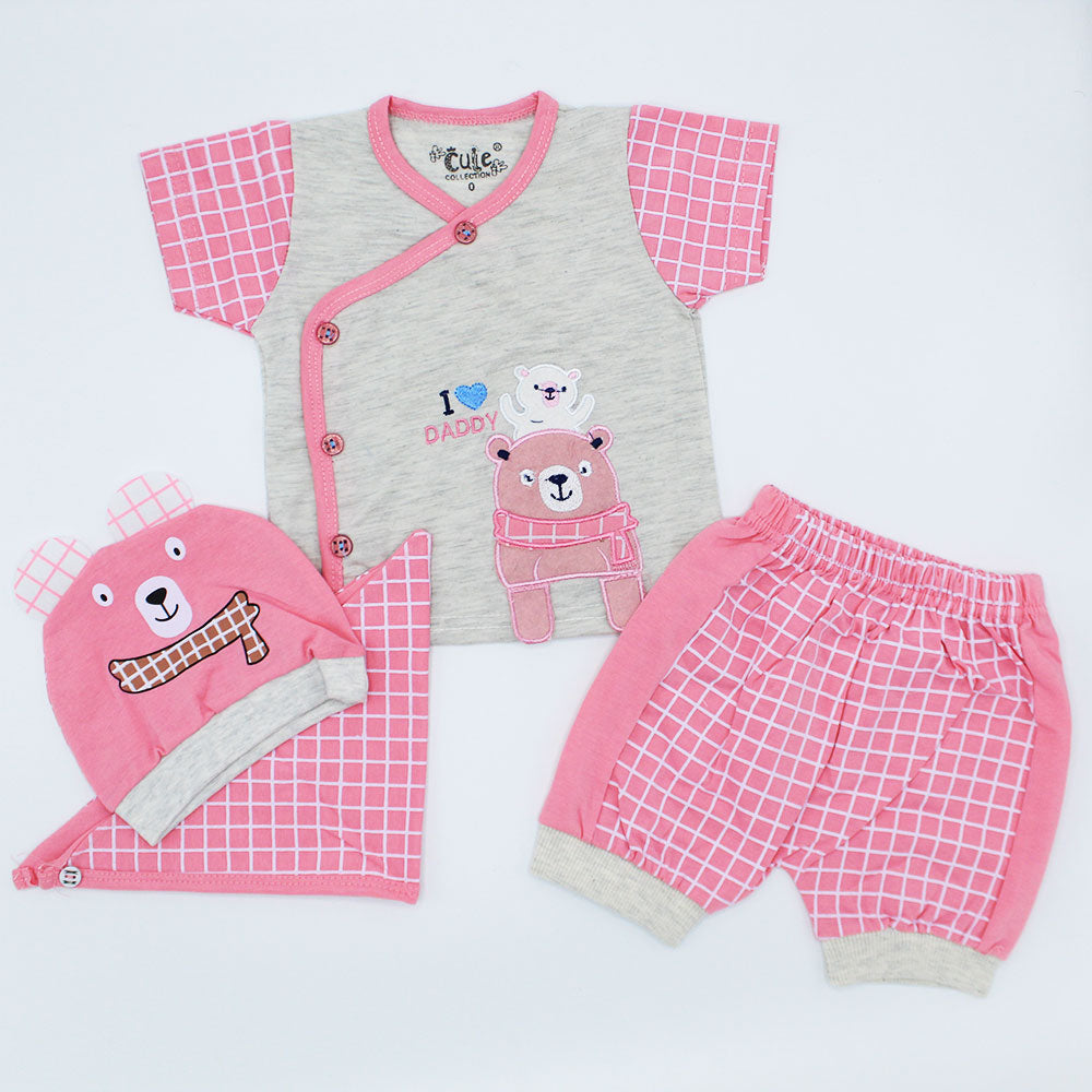 Newborn Baby Cute Bear I Love Daddy Half Sleeves 4 Pcs Dress with Shorts and Cap for 0-3 Months