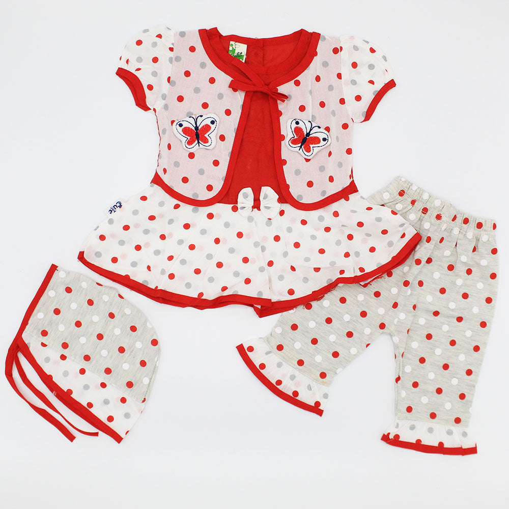 Baby Girl Floral Half Sleeves Frock Dress with Frill Pant and Knot Cap for 0-3 Months