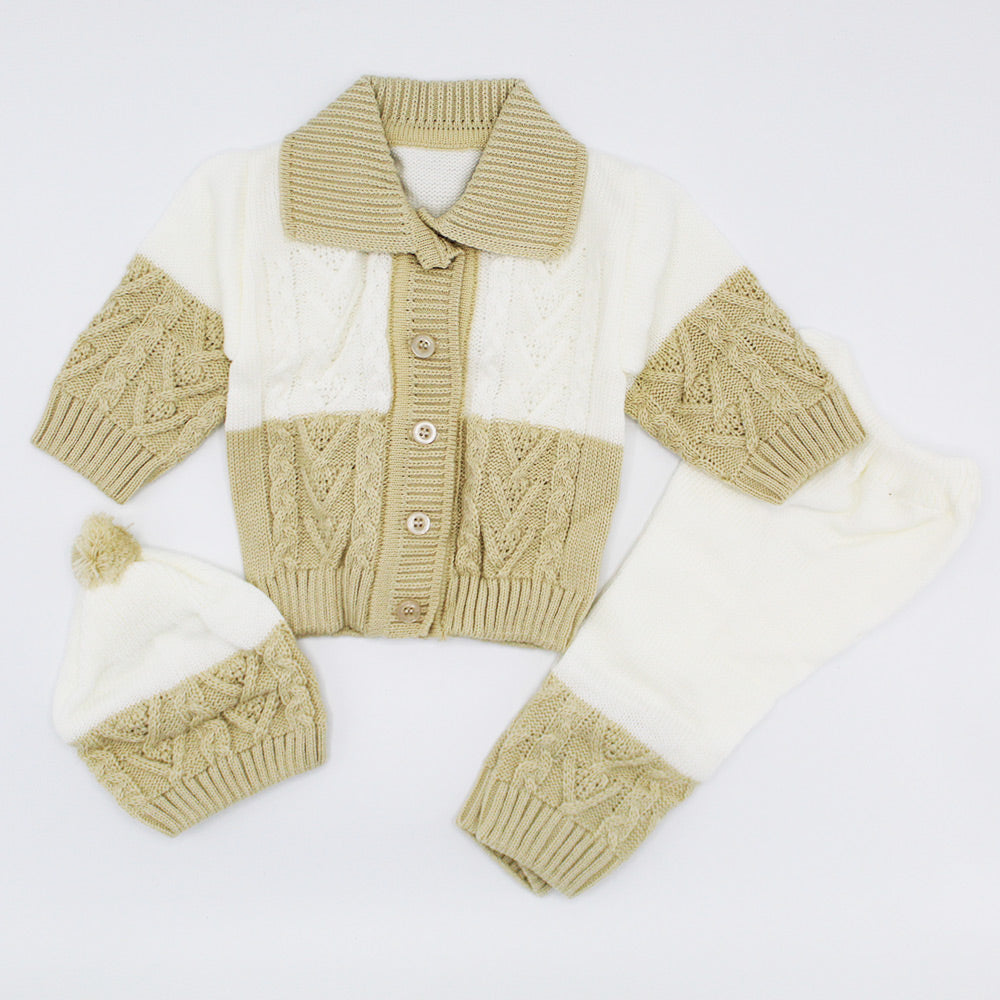 Imported Newborn Winter Woolen Knitted Baby Collar Style Double Colored Sweater Suit With Cap for 0-6 Months