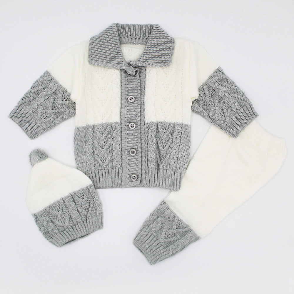 Imported Newborn Winter Woolen Knitted Baby Collar Style Double Colored Sweater Suit With Cap for 0-6 Months