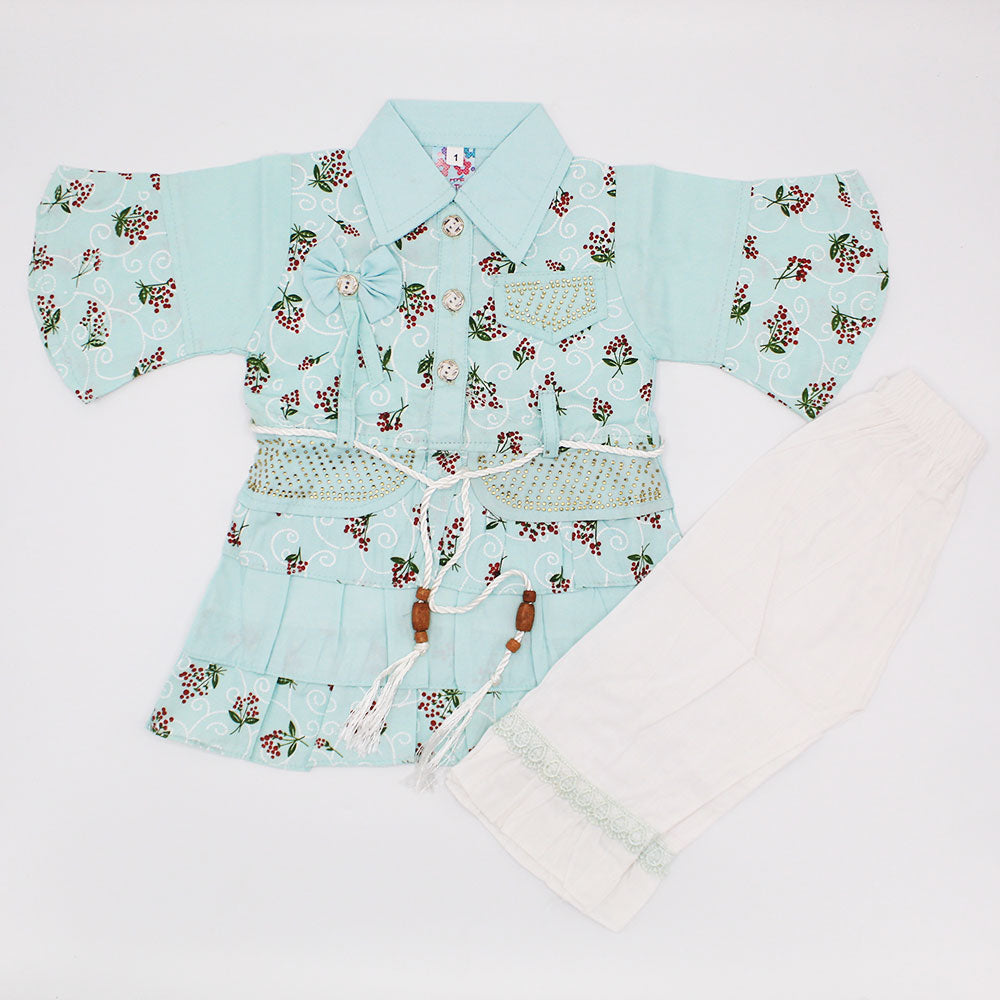 Baby Girl Cute Collar Style Three Quarter Sleeves Frock Dress with Trouser Pants for 3-9 Months