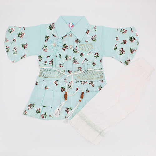 Baby Girl Cute Collar Style Three Quarter Sleeves Frock Dress with Trouser Pants for 3-9 Months
