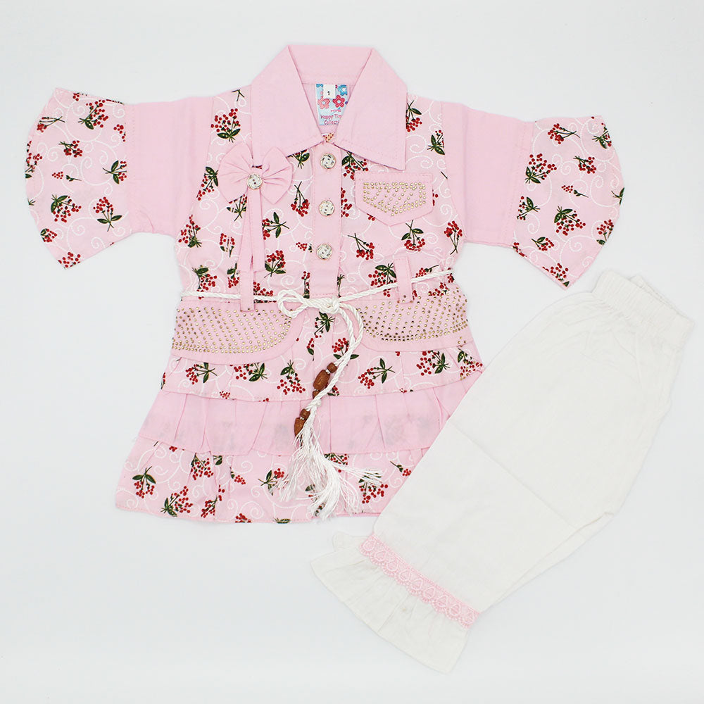 Baby Girl Cute Collar Style Three Quarter Sleeves Frock Dress with Trouser Pants for 3-9 Months