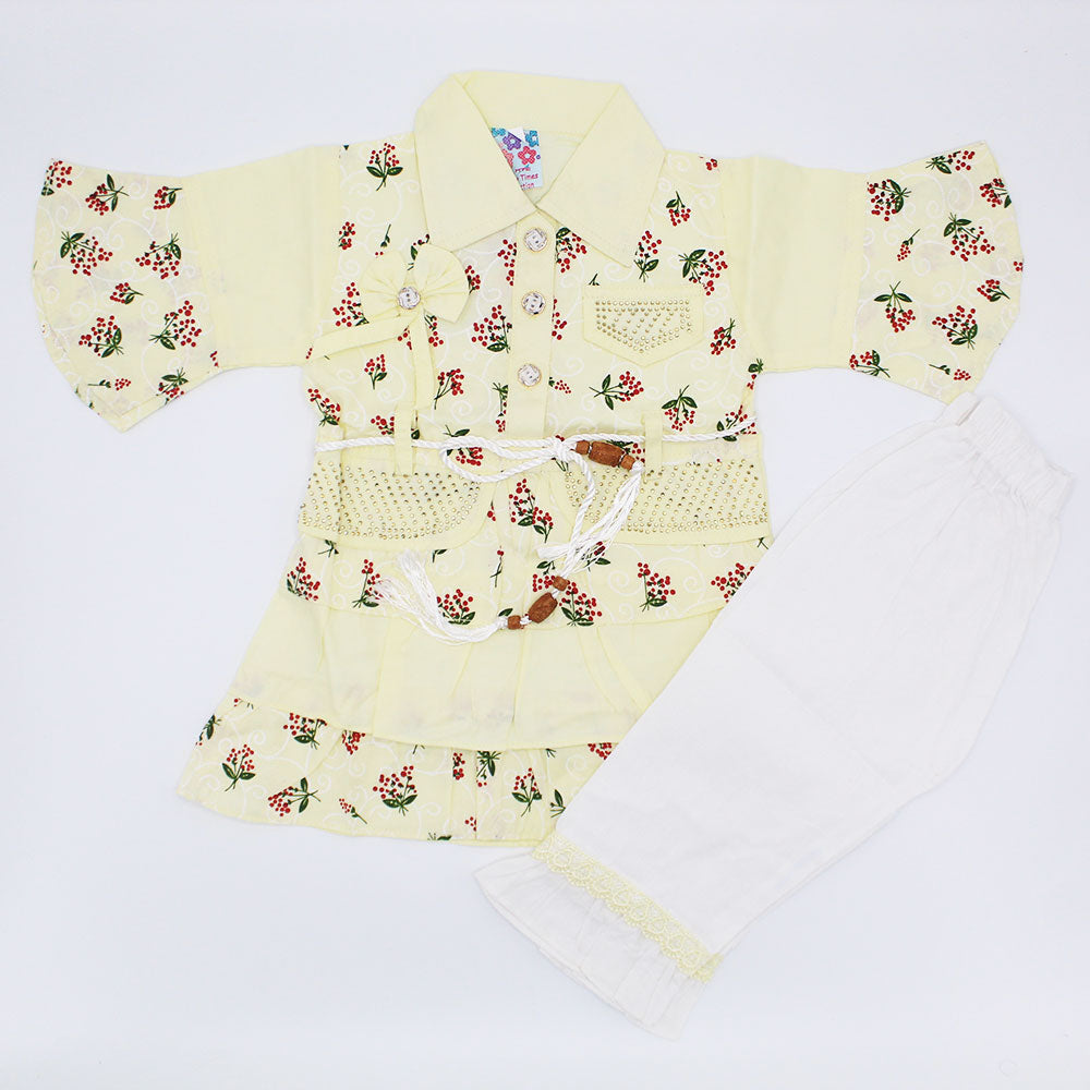 Baby Girl Cute Collar Style Three Quarter Sleeves Frock Dress with Trouser Pants for 3-9 Months