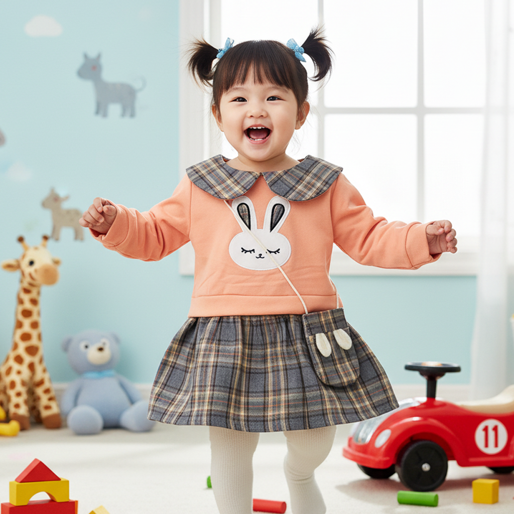 Imported 3D Bunny Winter Baby Girl Long Sleeve Shirt Frock for 9 Months - 3 Years