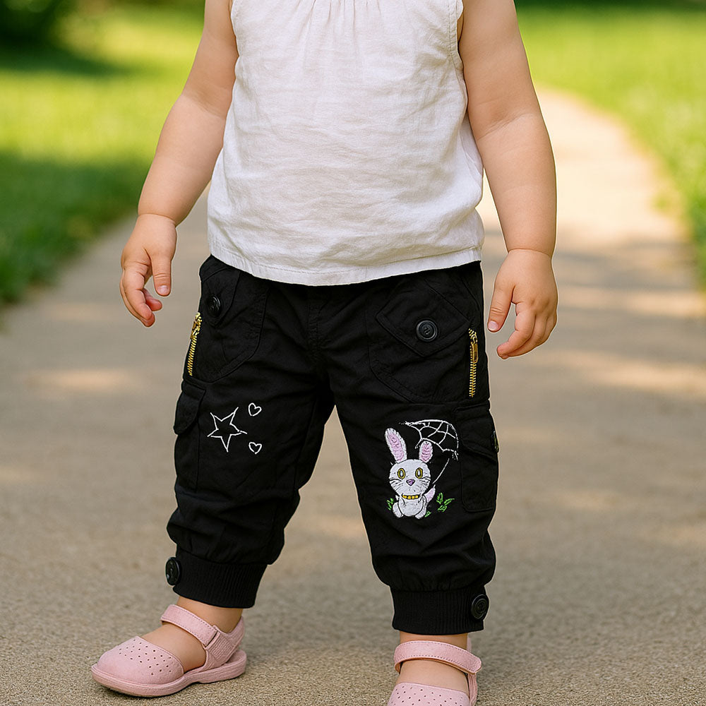 Imported Baby Girl 3D Bunny Star Black Cargo Pants for 18 Months - 4 Years