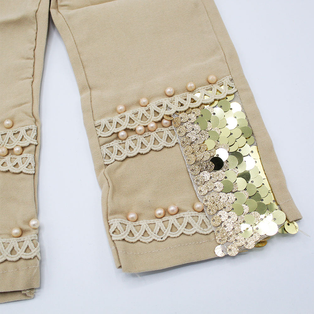 Imported Baby Girl Beige Fancy Stylish Sequence Lace Cotton Pants for 9 Months - 3 Years