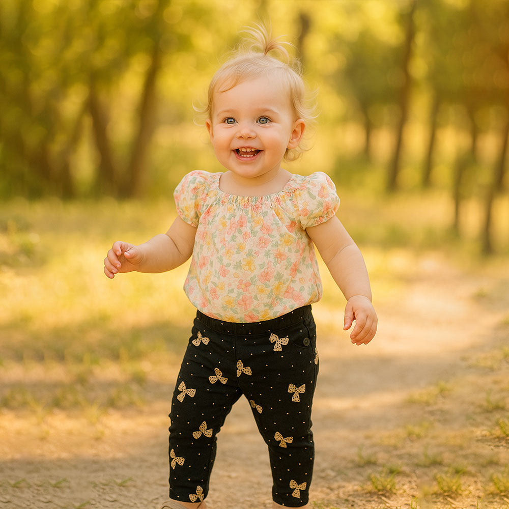 Imported Baby Girl Bow Printed Black Cotton Pants for 9 Months - 3 Years