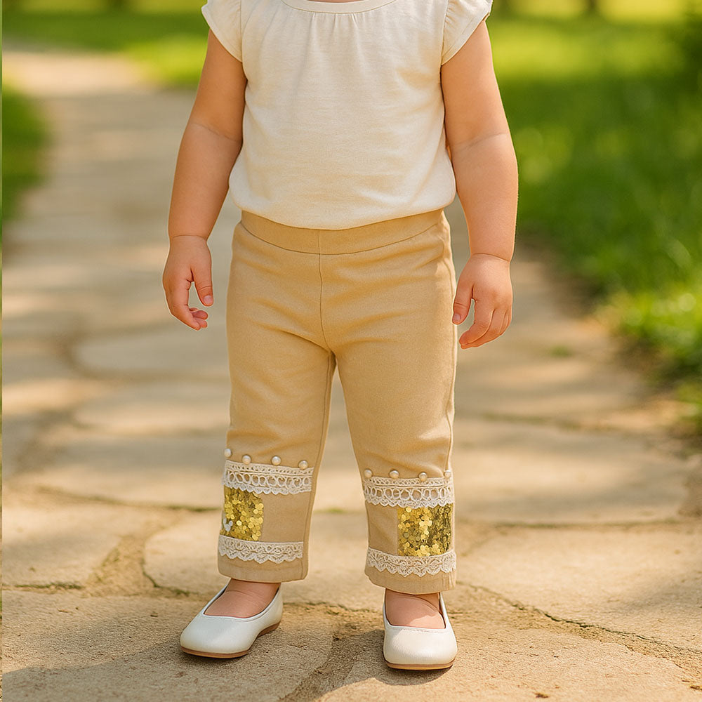 Imported Baby Girl Beige Fancy Stylish Sequence Lace Cotton Pants for 9 Months - 3 Years