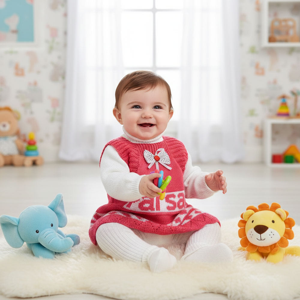 Baby Girl Cute Winter Woolen Knitted Baby 4 Pcs Sweater Suit With Cap for 3-9 Months