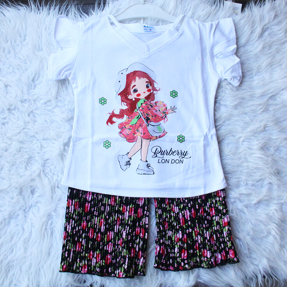 Imported Baby Girl Cute Doll Butterfly Sleeves Shirt with Crush Pleated Wide Leg Flappers for 12 Months - 4 years