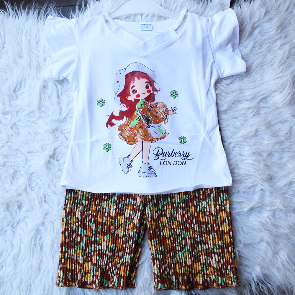 Imported Baby Girl Cute Doll Butterfly Sleeves Shirt with Crush Pleated Wide Leg Flappers for 12 Months - 4 years