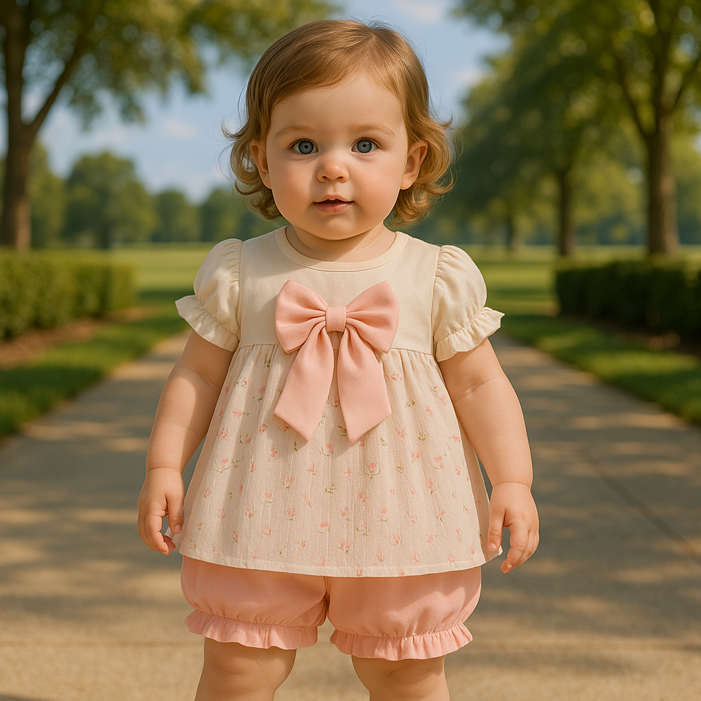 Imported Baby Girl 3D Bow Flower Fly Sleeves Frock Dress with Elastic Nekker Shorts for 6-24 Months