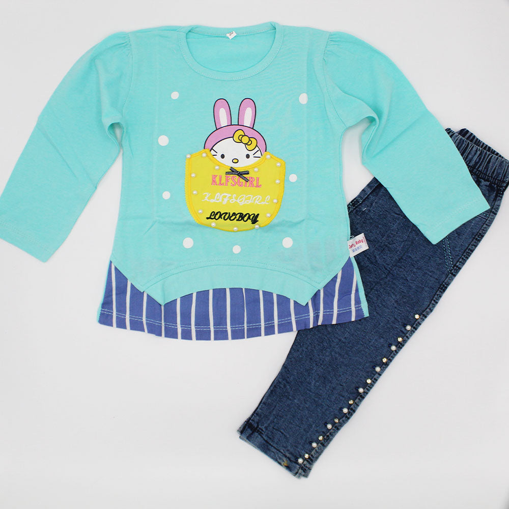 Girl Cute Bunny Stylish Full Sleeves Top with Denim Pants for 12 Months - 3 Years