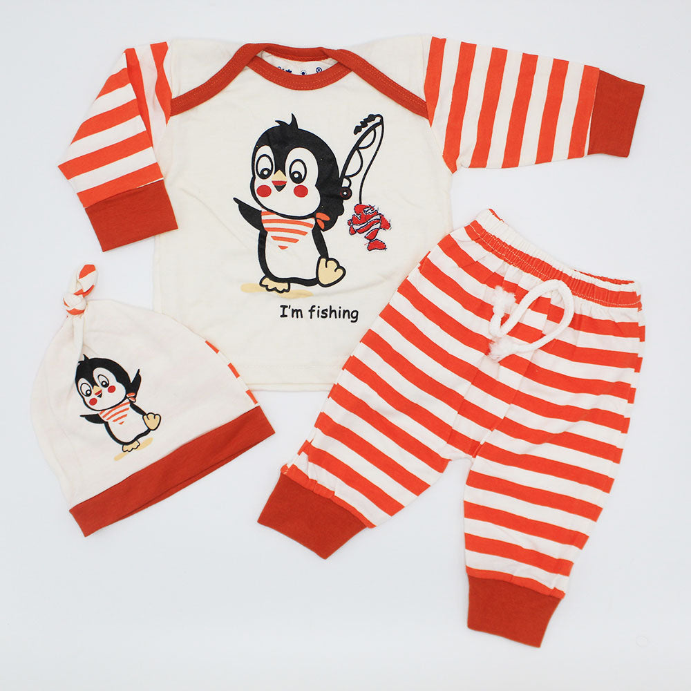 Newborn Baby Penguin Fishing Full Sleeves Dress with Pants and Knot Cap for 0-3 Months